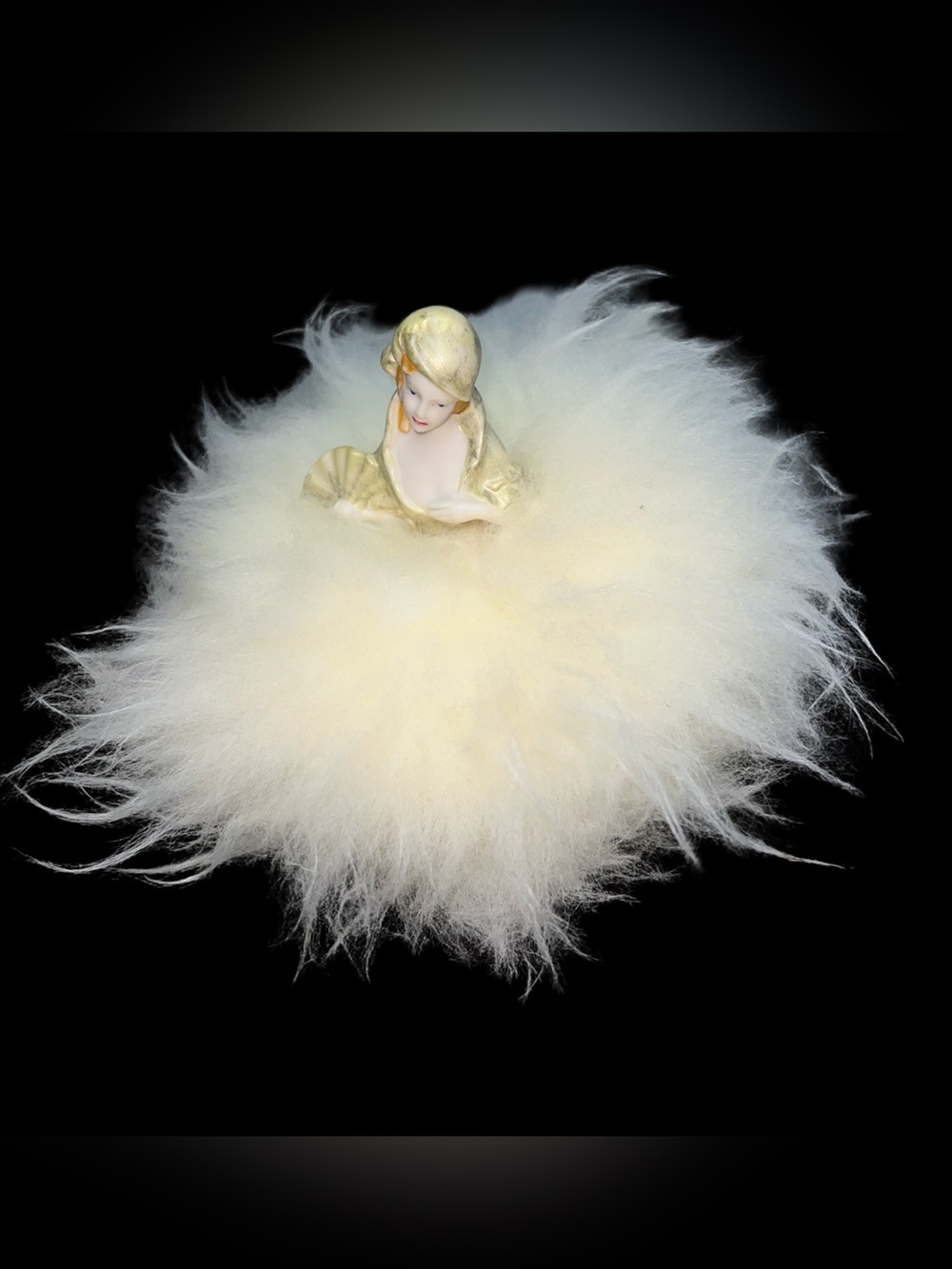 Vintage Powder Puff Lamb Wool Powder Puff Handpainted Porcelain Doll Handle